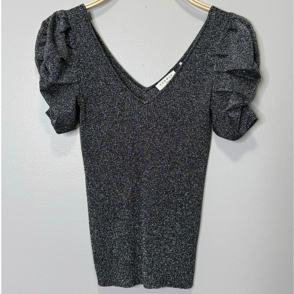 Sandro Metallic Puffed Sleeve Stretch Knit Top Silver Women Small Chic Dressy - Picture 3 of 12